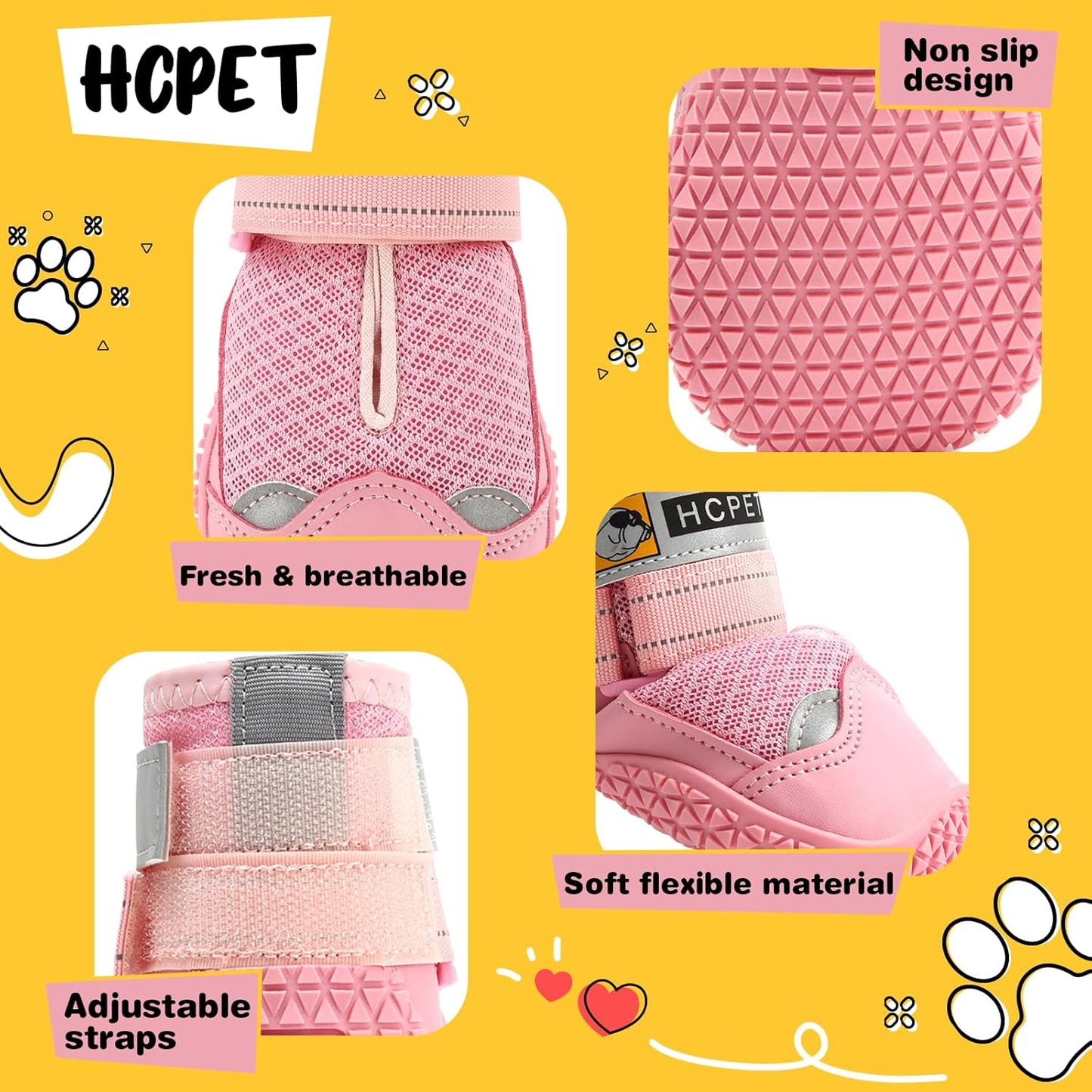 Hcpet Dog Shoes for Large Dogs, Breathable Dog Booties for Small Medium Dogs, Anti-Slip Dog Boots & Paw Protectors for Hot Pavement Winter Snow Hiking with Reflective Straps Pink Size 6