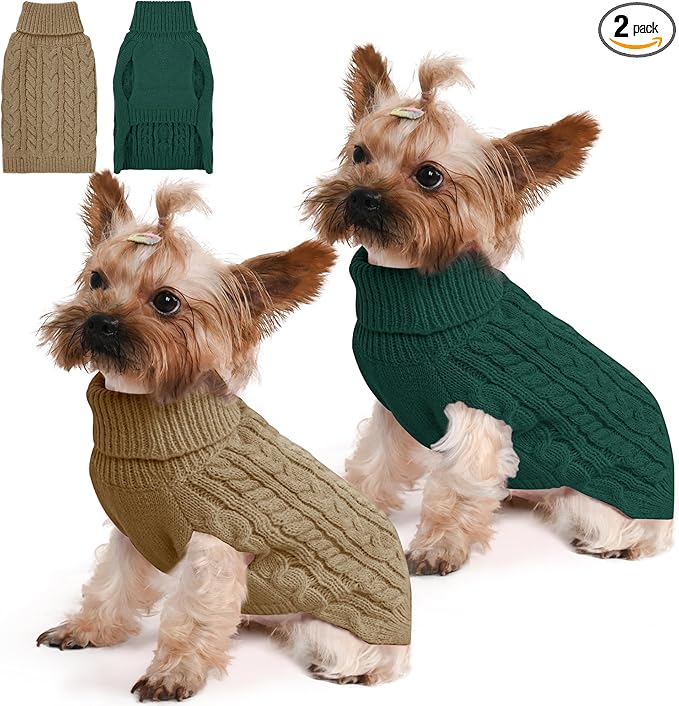 2 Pack Dog Sweaters for Small Dogs Winter Turtleneck Pullover Cable Knit Fleece by Unknown