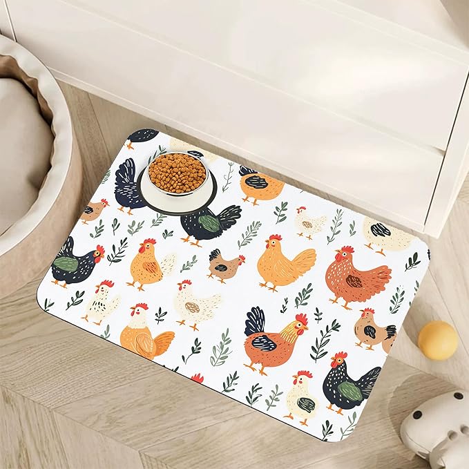 Rooster Dog Cat Food Mat, Hen Chicken Meadow Absorbent Pet Feeding Mat by Unknown