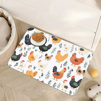 Rooster Dog Cat Food Mat, Hen Chicken Meadow Absorbent Pet Feeding Mat by Unknown