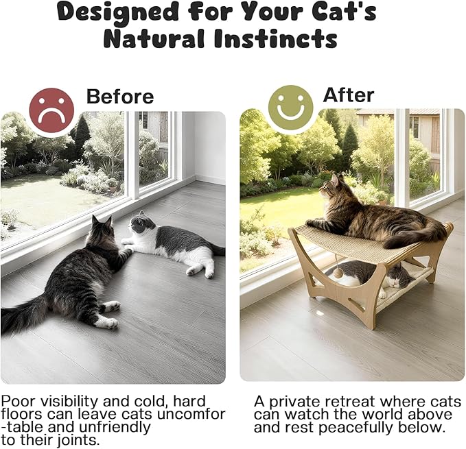 Double-Layer Cat Hammock Bed, Wooden Elevated Cat Beds - Image 6