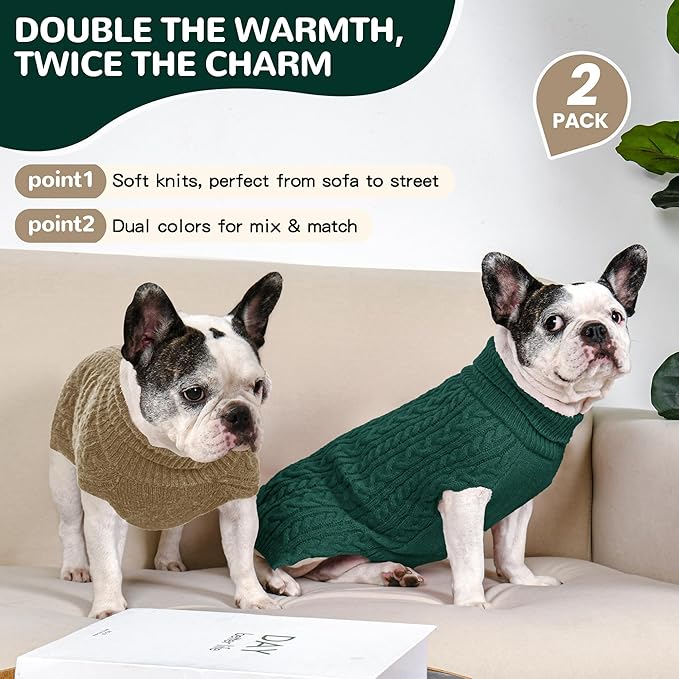2 Pack Dog Sweaters for Medium Dogs Winter Turtleneck Pullover Cable Knit - Image 2