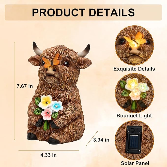 Solar Highland Cow Outdoor Statue, Garden Sculpture - Image 5