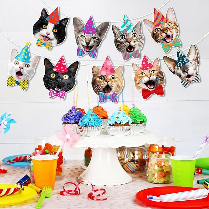 Cats Face Birthday Banner — Photographic Cat Faces Garland, Funny Cat Themed - Image 2