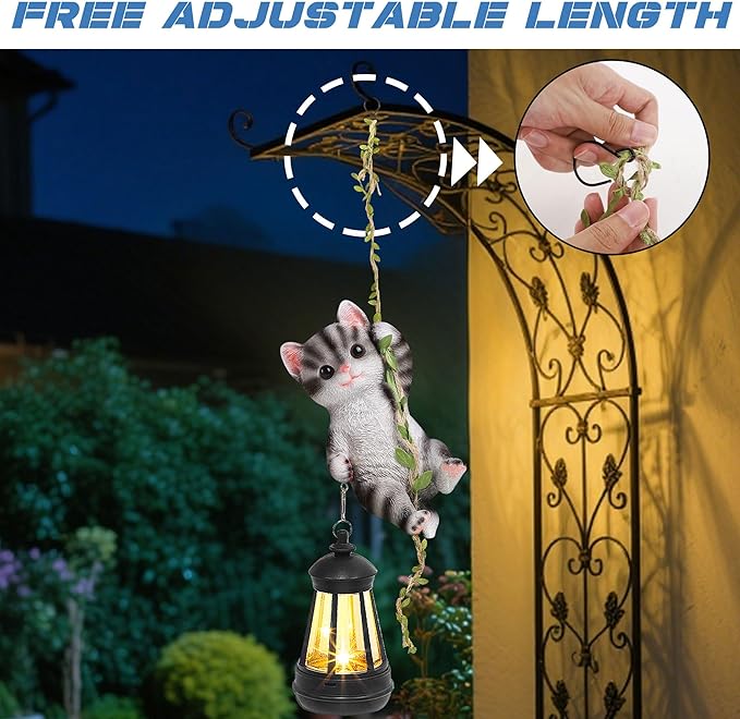 Set of 2 Solar Hanging Statue, Outdoor Resin Black White Cat & Golden Retriever - Image 4