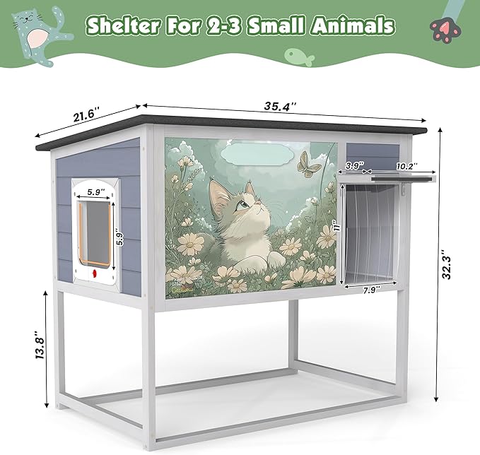 Outdoor Raised Wooden Cat House, Weatherproof Feral Cat Enclosure - Image 3