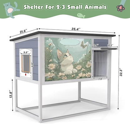 Outdoor Raised Wooden Cat House, Weatherproof Feral Cat Enclosure - Image 3