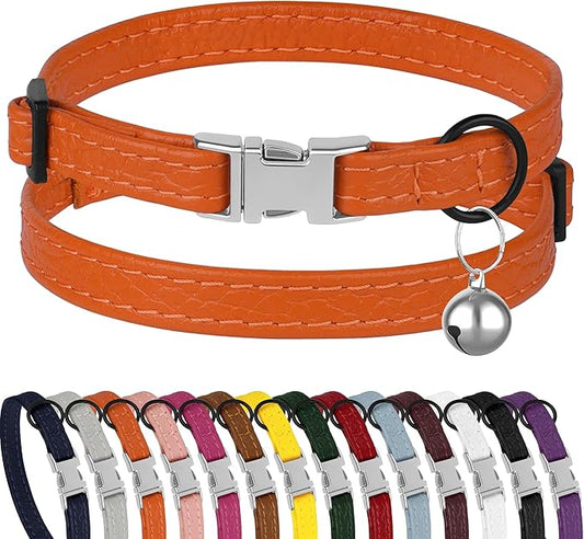 Leather Cat Collar with Buckle and Removable Bell by BUDKAS