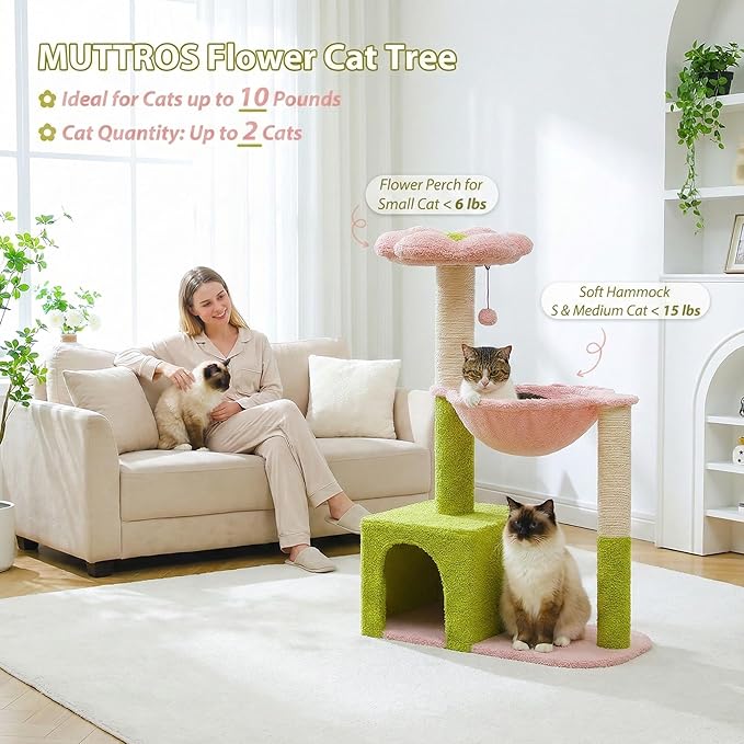 MUTTROS Flower Cat Tree with Large Metal Frame Hammock, Cat Condo with Pink Top - Image 2
