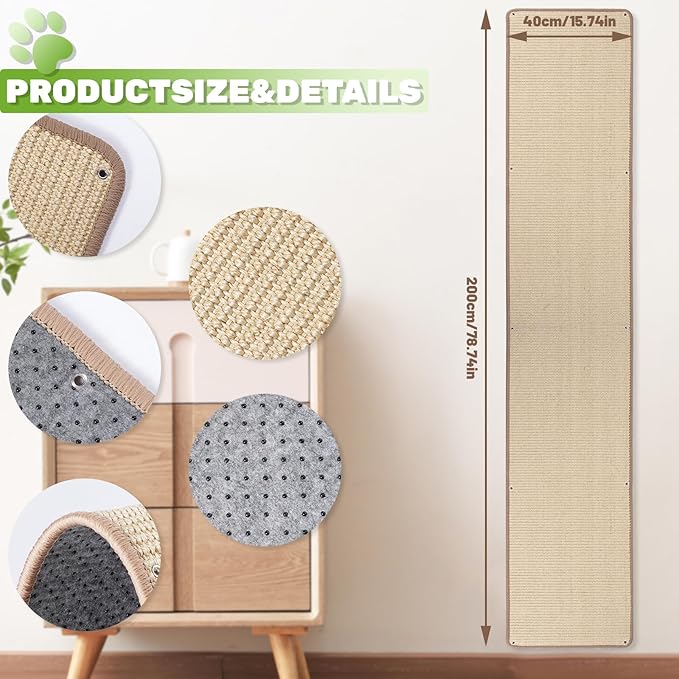 Natural Sisal Cat Wall Climbing Carpet, Wall Scratcher Carpet Mat Pad, Cat - Image 2