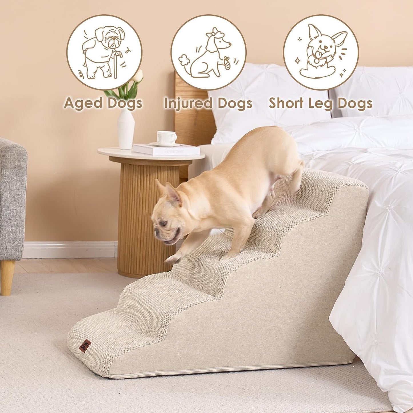 EHEYCIGA Curved Dog Stairs Ramp for High Beds 22.6" H, 5-Step Dog Steps for Small Dogs and Cats, Pet Stairs for High Bed Climbing, Non-Slip Balanced Pet Step Indoor, Beige