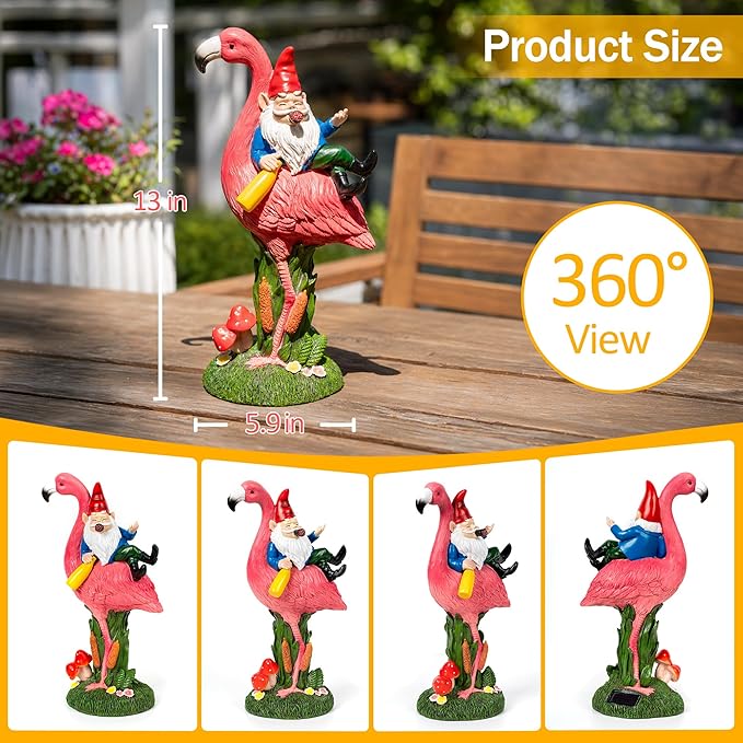 C&Y&G&X Middle Finger Gnome Riding Flamingo 13in, Funny Garden Statue Solar - Image 3