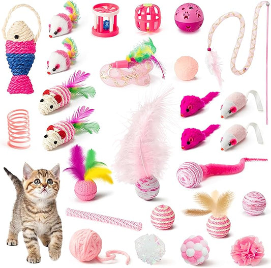 MALLMALL6 Cat Toy Set Interactive Cat Toys 27Pcs Pack Stuff Pink Feather Teaser by MALLMALL6