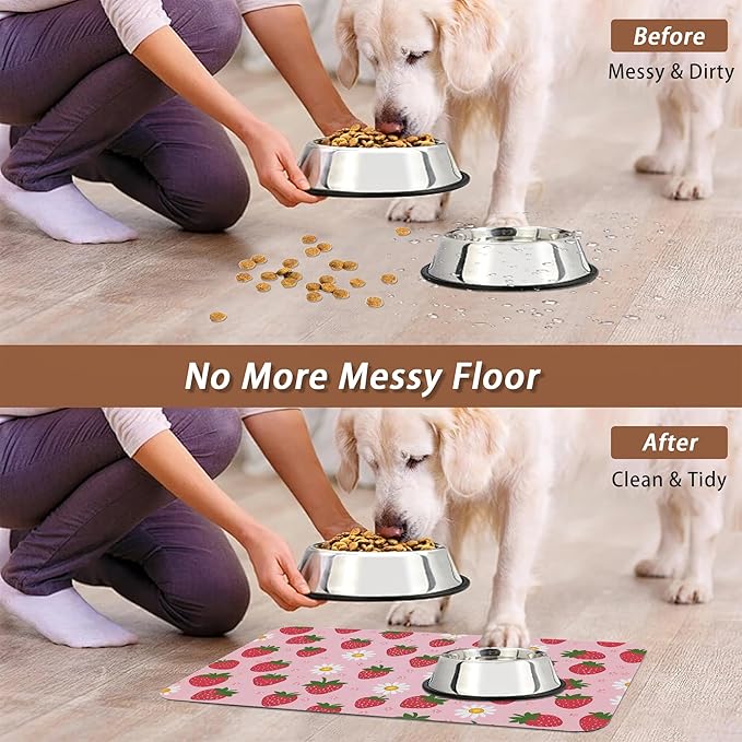 Cute Strawberry Flower Dog Cat Food Mat, Non-Slip Water Bowl Placemat, Indoor - Image 5