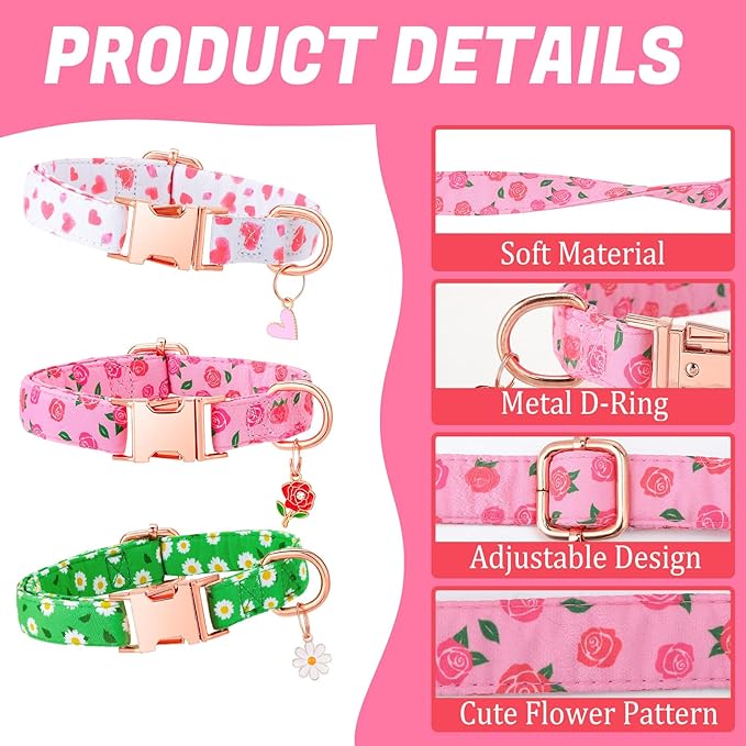3 Pack Floral Dog Collars for Medium Dogs Pink Dog Collar - Image 3