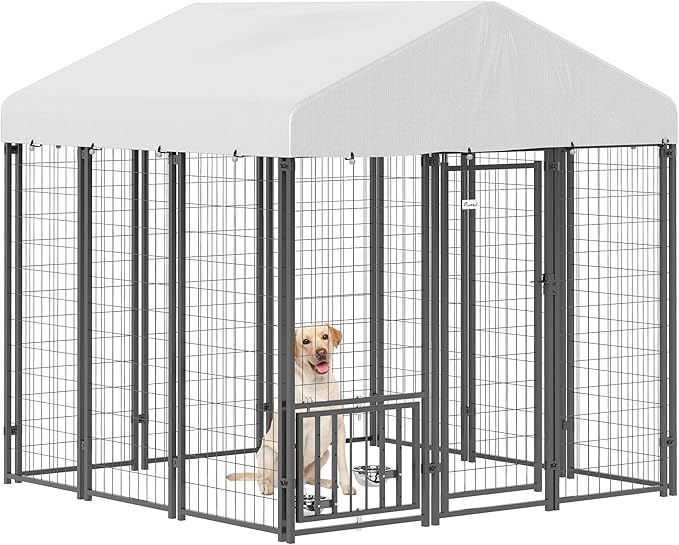 PawHut Outdoor Dog Kennel with Roof, Adjustable Bowls, UV-Resistant & by PawHut