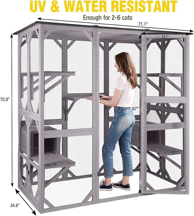 71.1’’ Large Outdoor Cat Catio Enclosure, Weatherproof Solid Fir Wood Cat Patio - Image 7