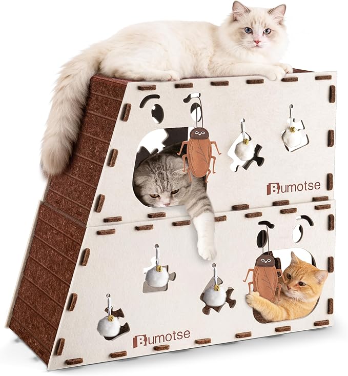 2-Story Felt Cat Bed Cave for Indoor Cats, Modular Tunnel Hideaway House for by Bumotse