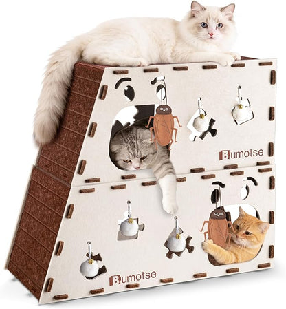 2-Story Felt Cat Bed Cave for Indoor Cats, Modular Tunnel Hideaway House for by Bumotse