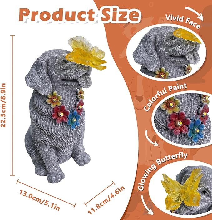 Dog Garden Statue with Solar Butterfly Light - Image 2