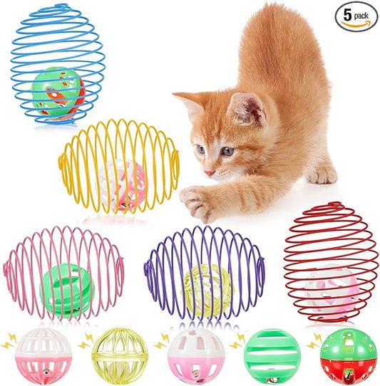 Jecery 5 Pcs Cat Spring Toys Stretchable Rolling Balls Colorful Playful Coils by Jecery