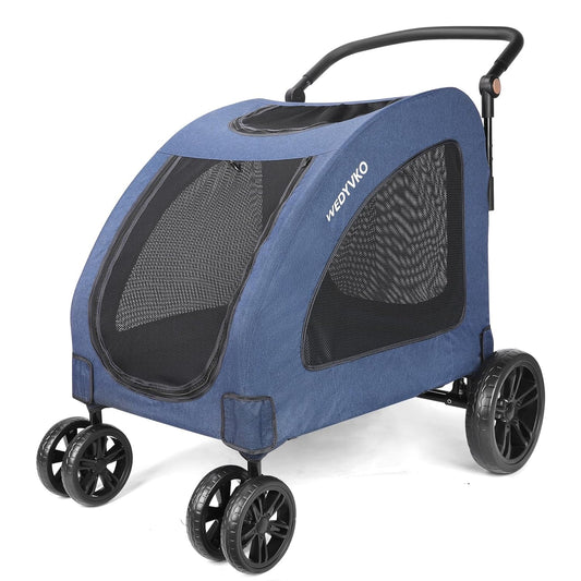 Large Dog Travel Stroller with 4 Heavy Duty Wheels Pet Stroller with Adjustable Handle - Double Doggie Capacity Jogger Wagon with Back Front Door for Small Medium Large Dogs (Navy)