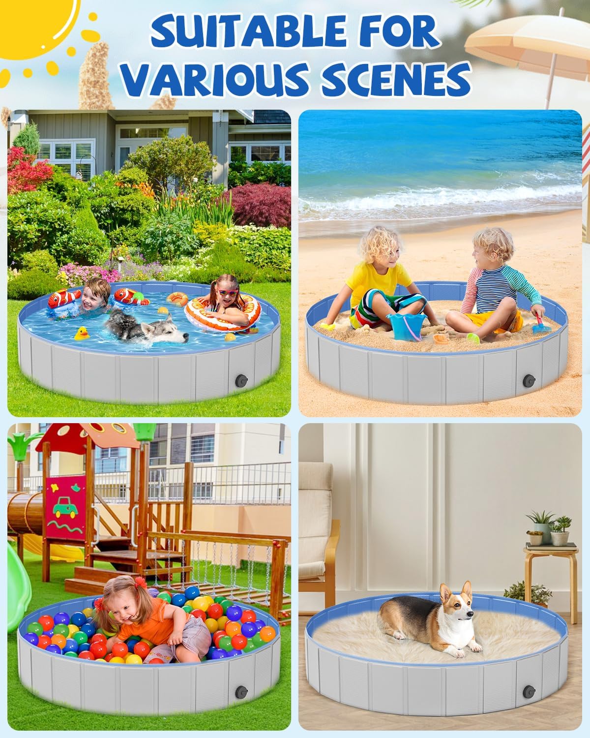 Portable Dog Pool PVC Pet Swimming Pool Bathtub Collapsible Dog Pool, Hard Plastic Pool for Pets to Swim and Bath (M-40"x 12" Light Grey)