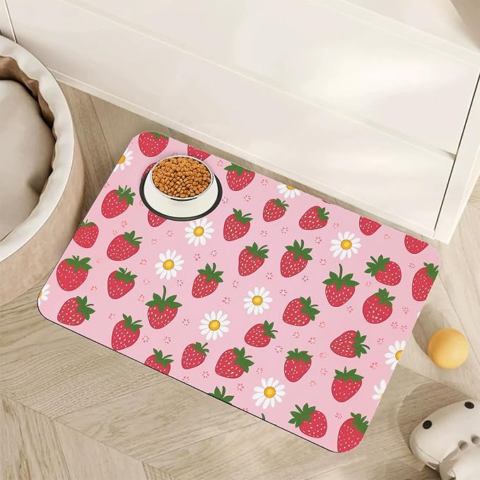 Cute Strawberry Flower Dog Cat Food Mat, Non-Slip Water Bowl Placemat, Indoor by Unknown
