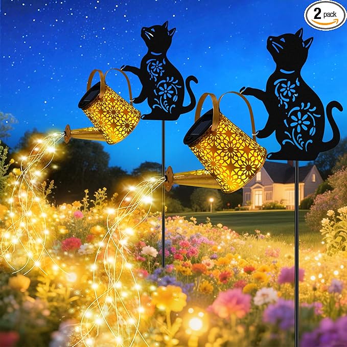 Solar Lights Outdoor, 2 Pack Black Cat Solar Watering Can Lights, Birthday Gifts by yulloyello