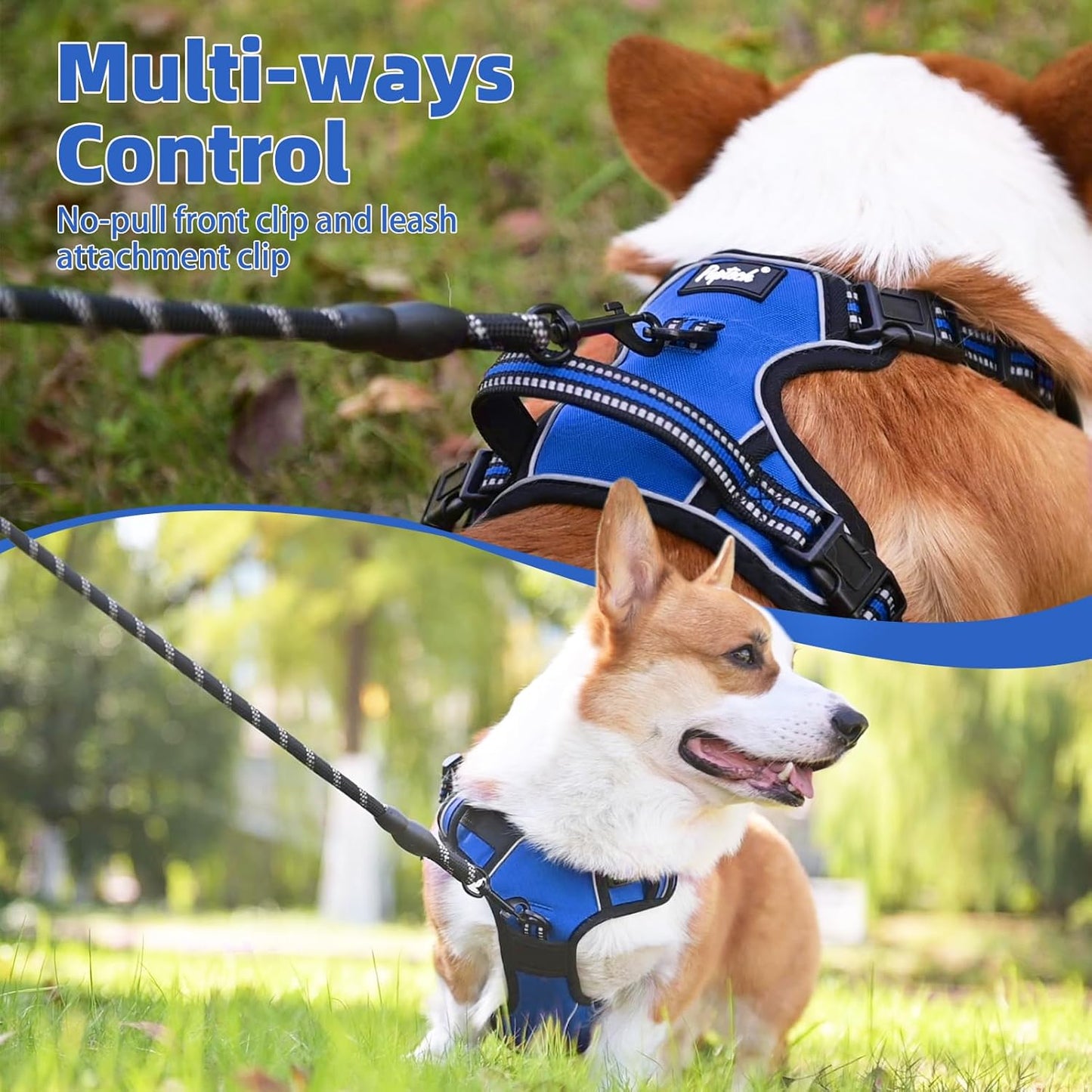 PUPTECK No Pull Dog Harness Medium Sized, Adjustable Reflective Dog Harness with Handle Easy Control, Comfortable Soft Padded Pet Vest Harness for Medium Dogs, Blue M