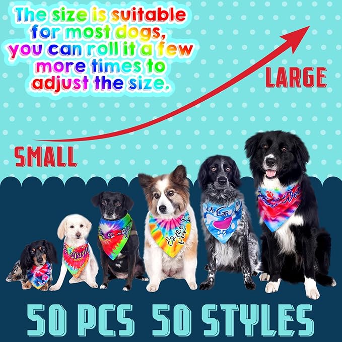 Huhumy 50 Pcs Tie Dye Dog Bandanas Bulk Pet Bibs Colorful Triangle Scarf Tie Dye - Image 3