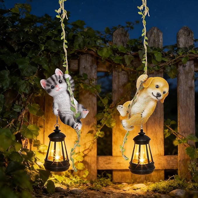 Set of 2 Solar Hanging Statue, Outdoor Resin Black White Cat & Golden Retriever - Image 8