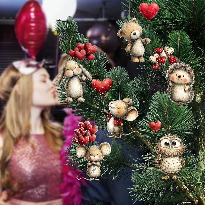 9 Pcs Valentines Day Tree Ornaments Romantic Cute Animal Hedgehog Penguin Take - Image 4