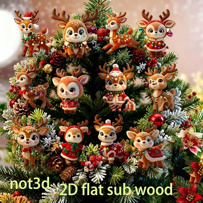 24 Pcs Cute Reindeer Christmas Tree Hanging Ornaments 2D Flat Wooden Pendant - Image 3