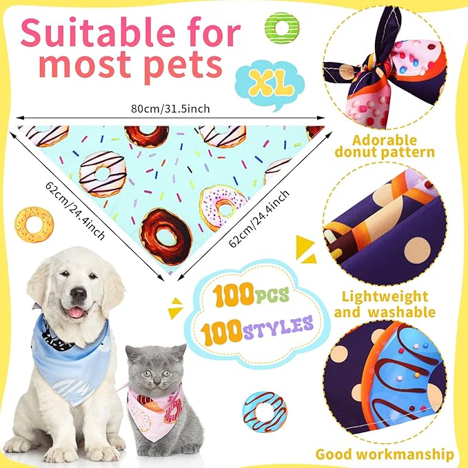 Huhumy 100 Pcs Donut Dog Bandanas Bulk Pet Bibs Colorful Triangle Scarf XL - Image 2