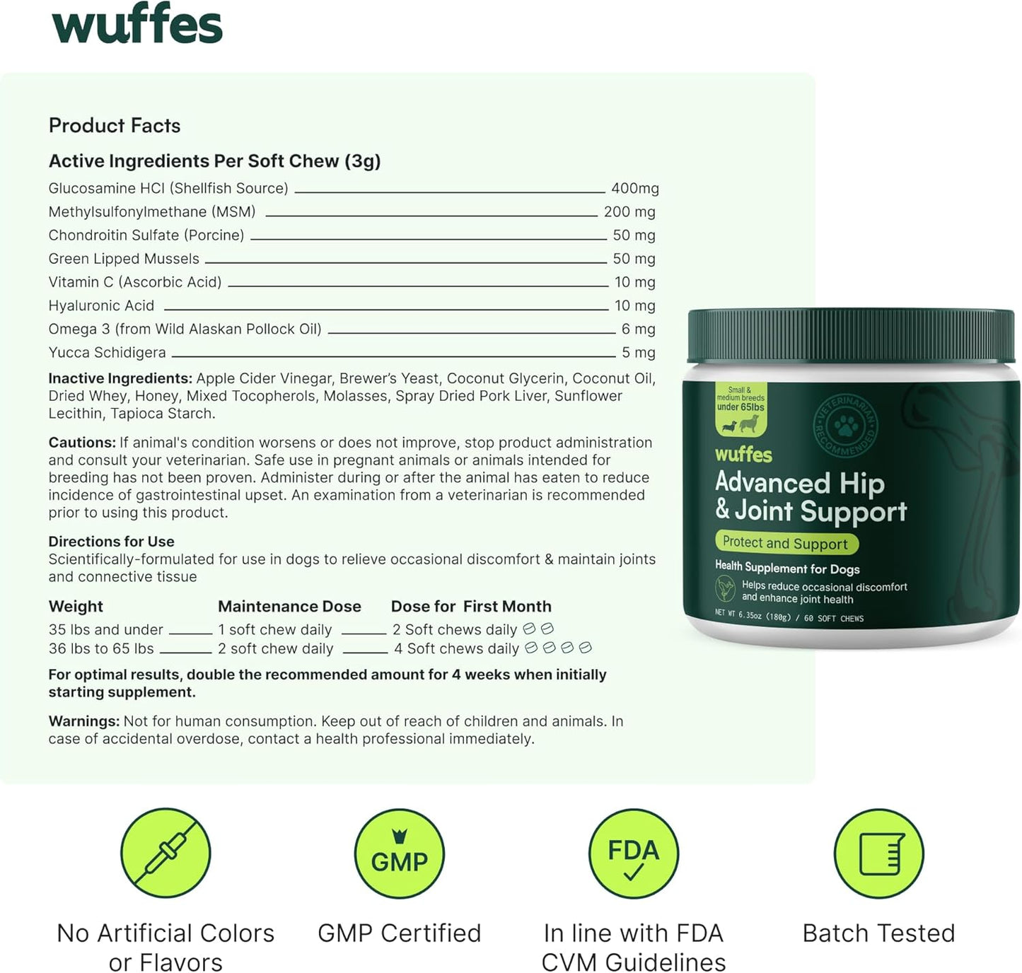 Wuffes Chewable Dog Hip & Joint Supplement - Glucosamine & Chondroitin Chews - Dog Joint Supplements & Vitamins - Extended Joint Care (Small&Medium Breeds (0-65 lbs), 180 Chews (Pack of 3))