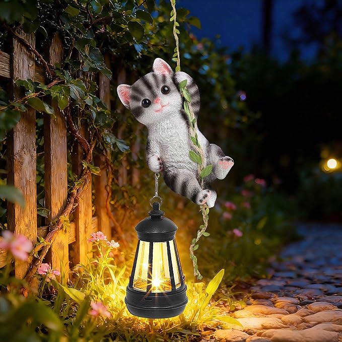 Solar Hanging Cat Statue, Outdoor Resin Black Cat Figurine - Image 7