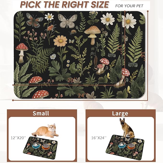 Red Mushroom Pet Feeding Mat, Fern Herb Butterfly Absorbent Quick-Dry Cat Dog - Image 2