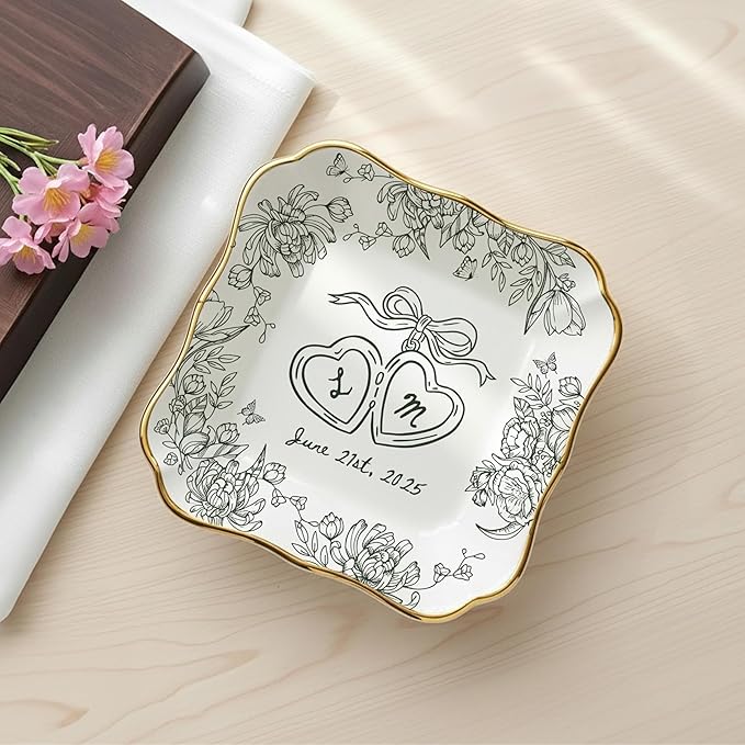 LOVELYPOD Personalized Floral Engagement Trinket Tray, Custom Couple Name - Image 3