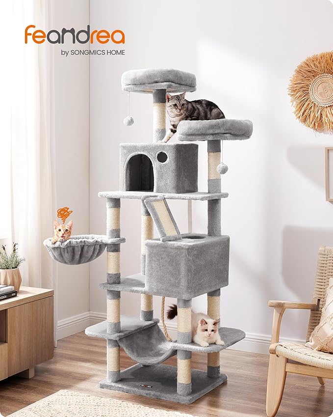 Feandrea Cat Tree, 66.1-Inch Large Cat Tower, 2 Perches, 2 Caves, Light Gray - Image 2