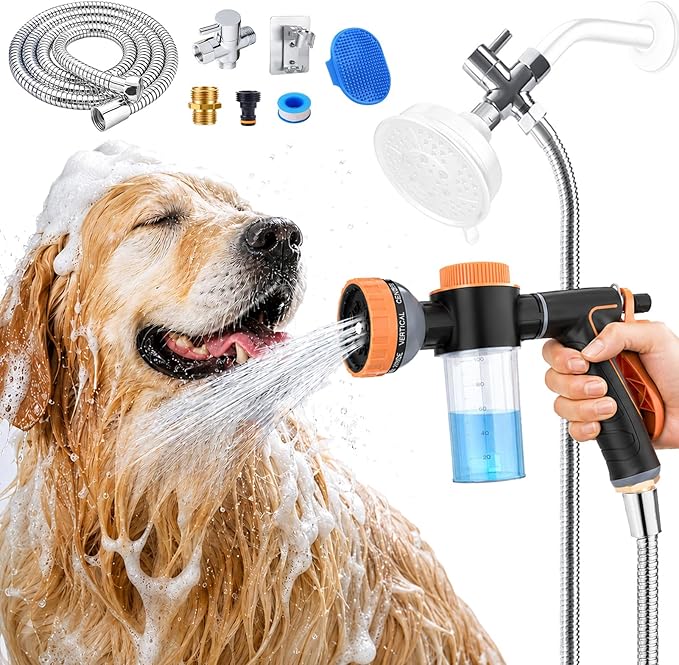 Dog Shower Attachment with Metal 3-Way Shower Diverter & 10inches Shower Hose by AYBBSHOW