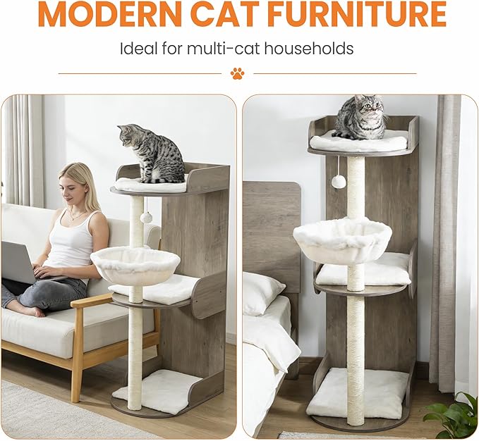 Modern Wood Cat Tree Tower for Indoor Large Cats, Cat Scratching Posts - Image 2