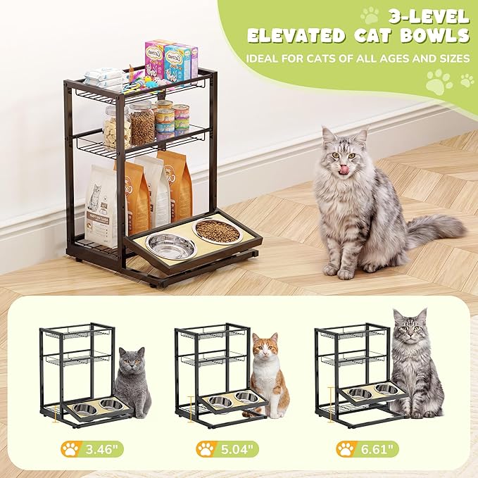 Elevated Cat Bowl Stand Feeding Station, 3-Tier Cat Food Organizer & Storage - Image 3