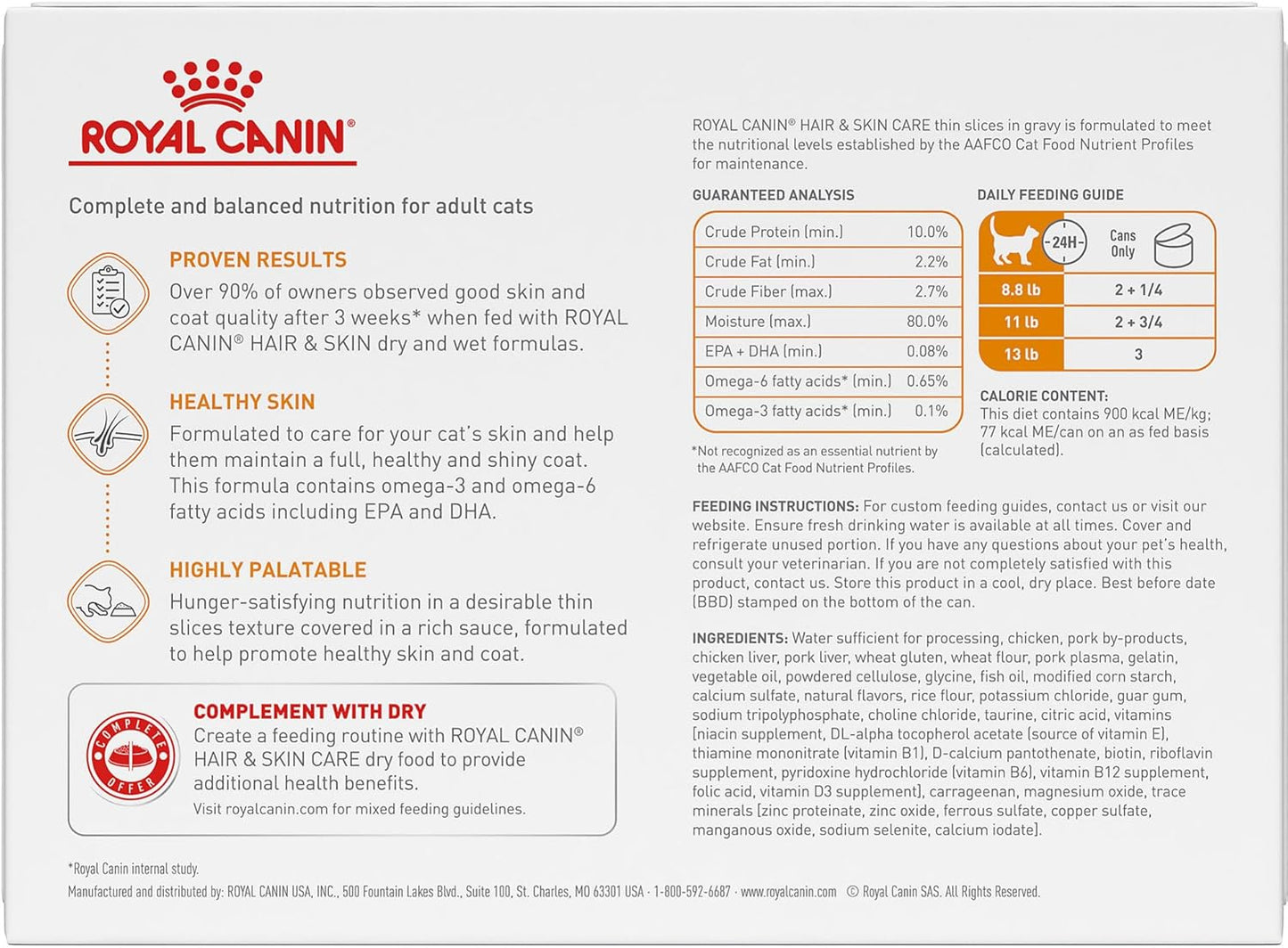 Royal Canin Feline Care Nutrition Hair & Skin Care Thin Slices in Gravy Canned Cat Food, 3 oz can (12-Count)