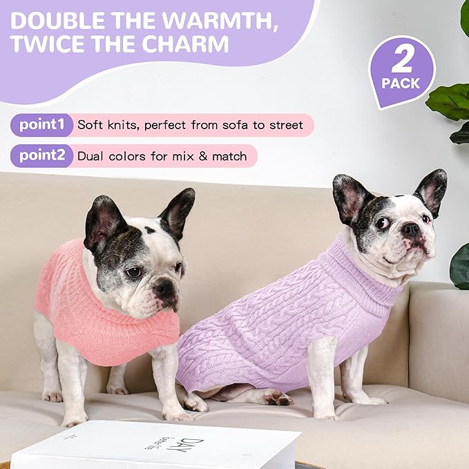 2 Pack Dog Sweaters for Medium Dogs Winter Turtleneck Pullover Cable Knit - Image 2