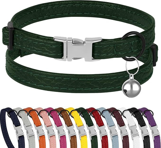 Leather Cat Collar with Buckle and Removable Bell by BUDKAS