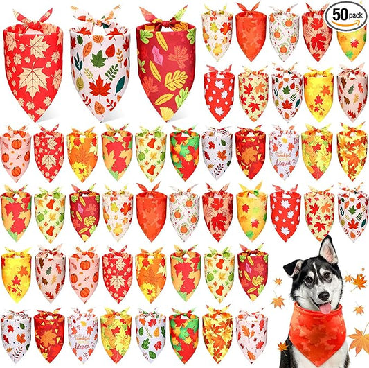 Preboun 50 Pcs Fall Thanksgiving Dog Bandana Bulk Pumpkin Maple Leaves Bandana by Preboun