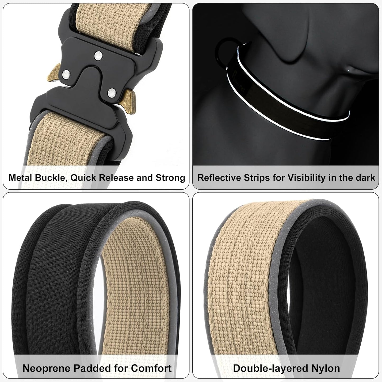 Plutus Pet Tactical Dog Collar, Reflective, Adjustable Heavy Duty Dog Collar, Soft Padded and Comfortable, for Small Medium and Large Dogs (Beige, XL)