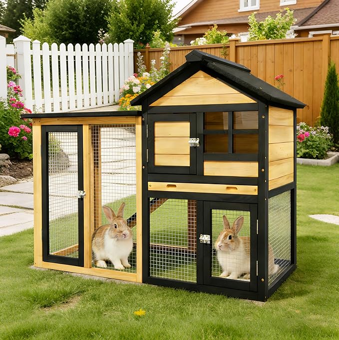 Outdoor Rabbit Hutch with Chew-Proof, 2-Story Bunny Cage with Pull-Out Leak - Image 2