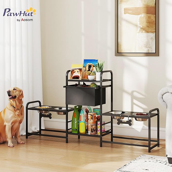 PawHut Dog Bowl Stand with 2 Feeding Stations, 3 Adjustable Heights, Elevated - Image 2